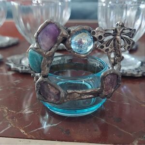 Vtg Handforged Trinket Dish Rustic Semi Precious Stones Fairy Art